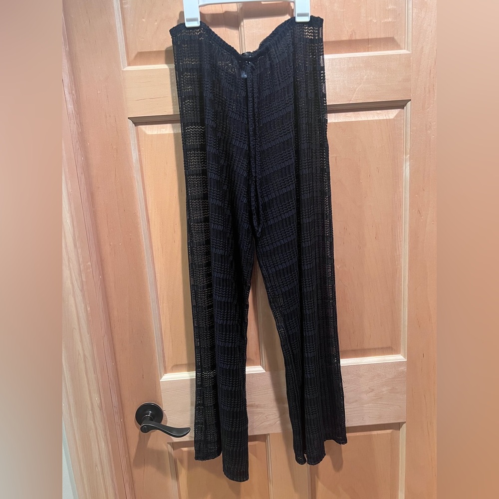 Jordan Taylor Open Knit Wide Leg Swimsuit CoverUp Black Pants Vacation Boho XL